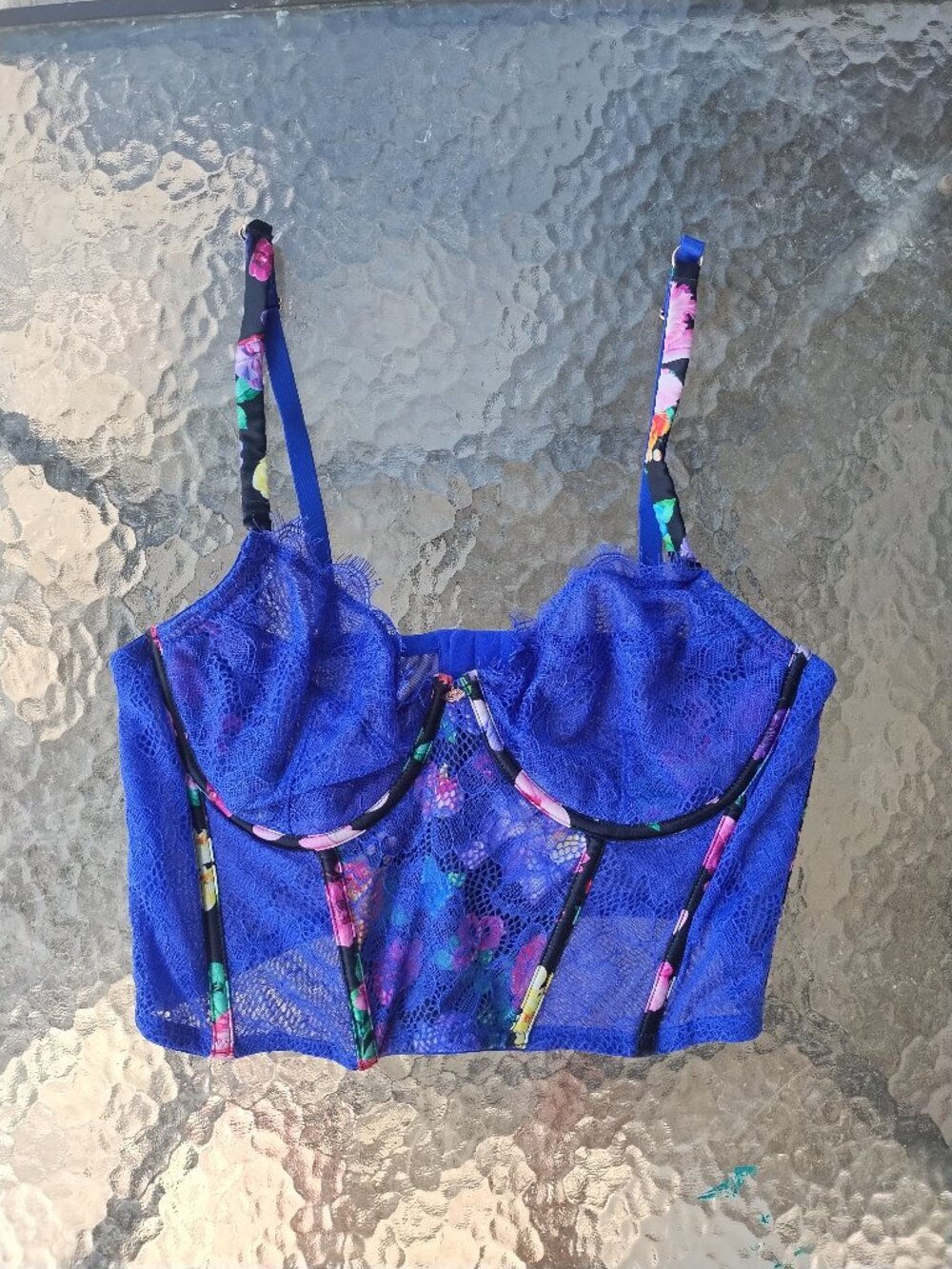 Sophia Intimates blue mesh and floral lace bustier 38C